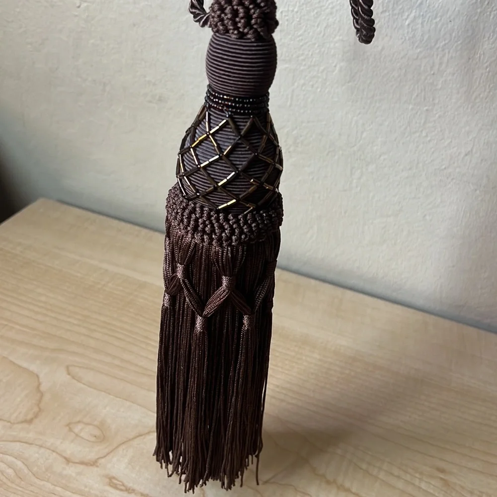 Set of 2 brown curtain tie tassels with copper beads detail approx 24” like new